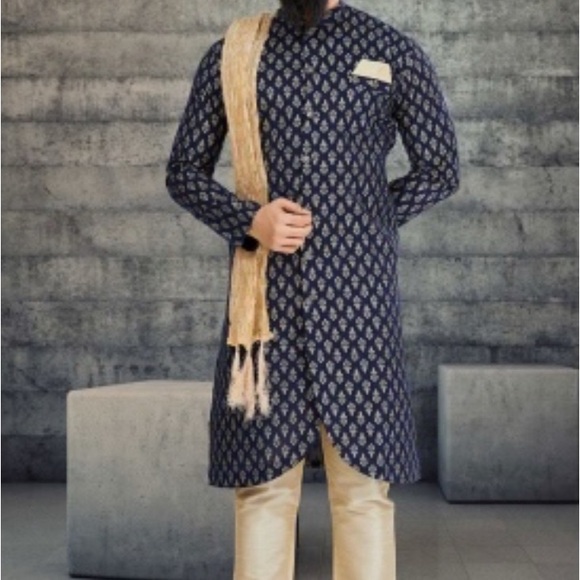 Navy blue foil print Indo- Westen cotton silk Sherwani (with scarf and pants)
